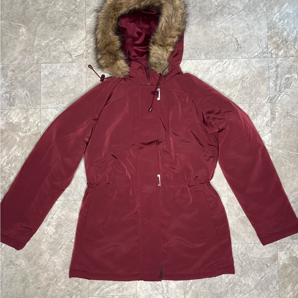 Basic Editions Women's Bergundy Ski Jacket with Faux Fur Hood